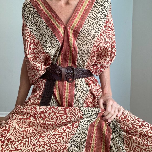 Block Print Caftan Size Free Rust, Tan & Black - Picture 4 of 15